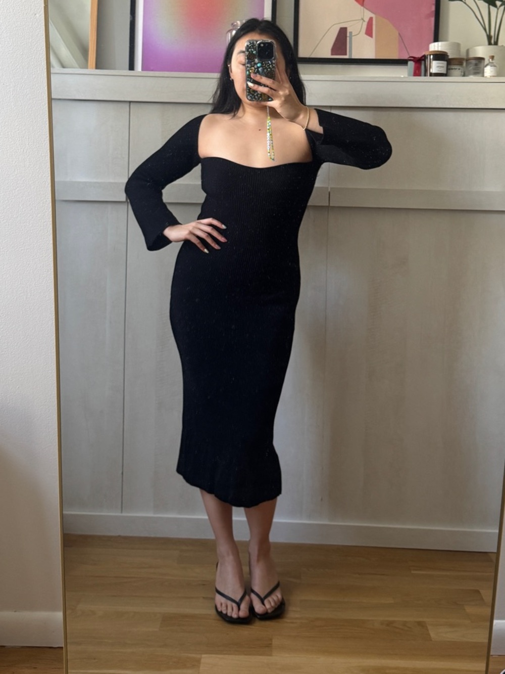 Black Off-Shoulder Midi Dress - Classic Sleek Style (no brand - will fit M)